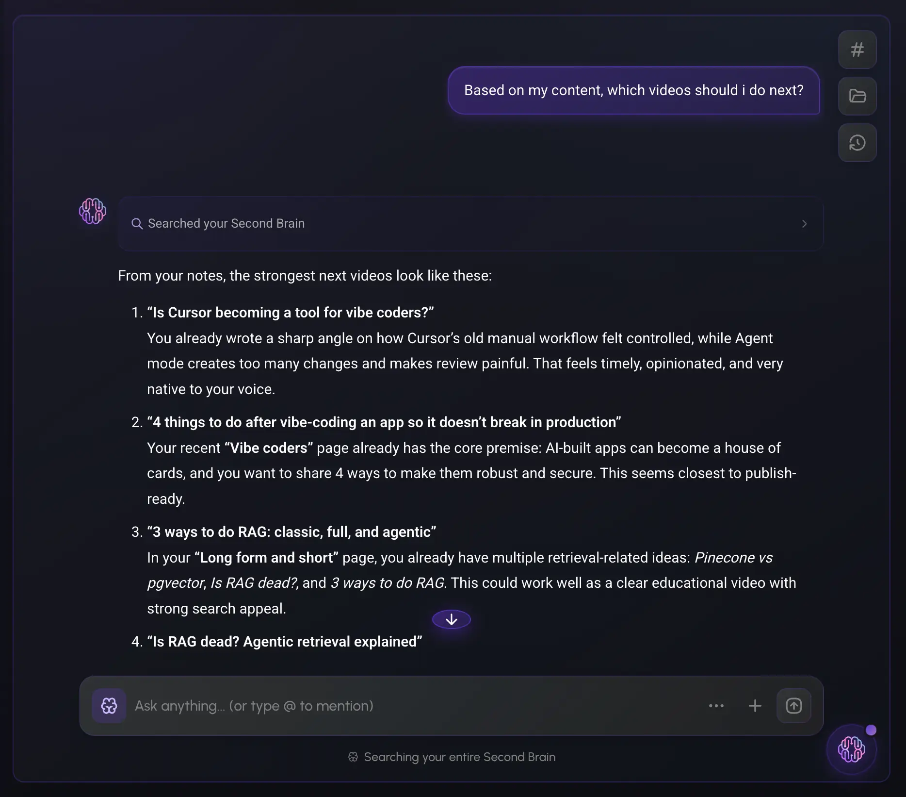Global Chat answering 'which videos should I do next?' across your entire Rescroll