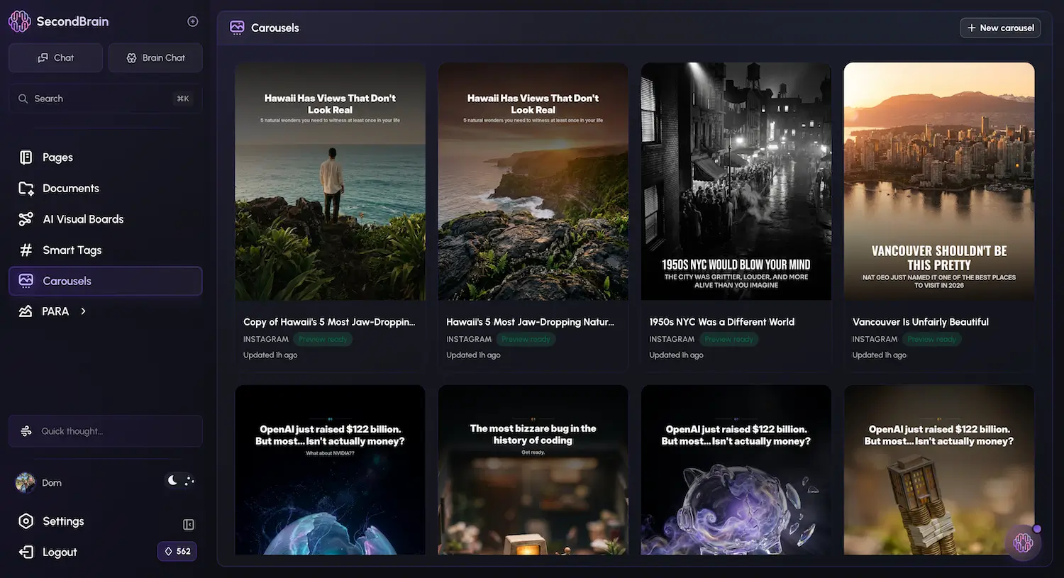 Grid of AI-generated Instagram carousels created with Rescroll - bespoke design per slide
