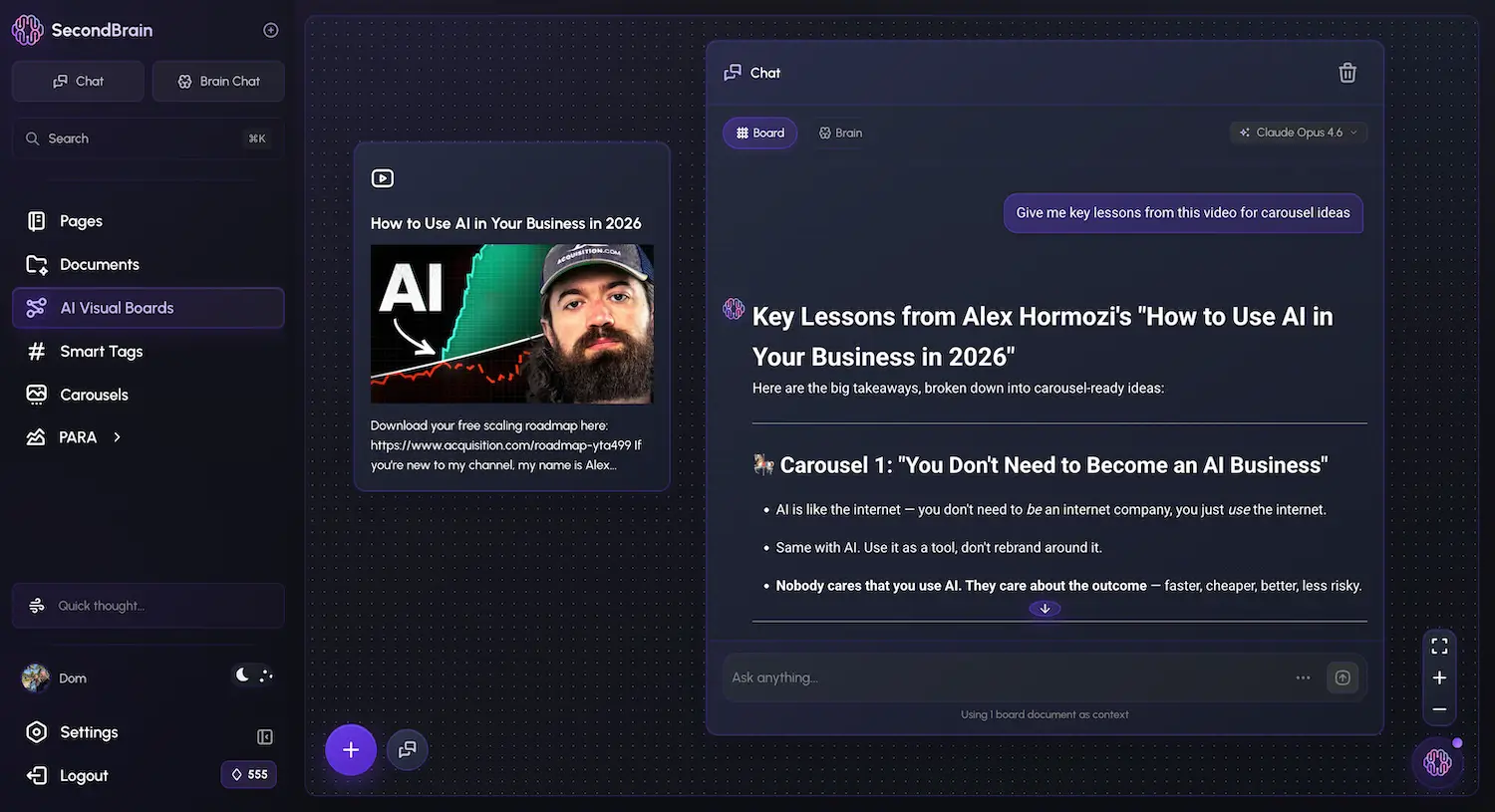 Rescroll Visual Board with a YouTube video connected to a chat node - extracting carousel ideas from a video